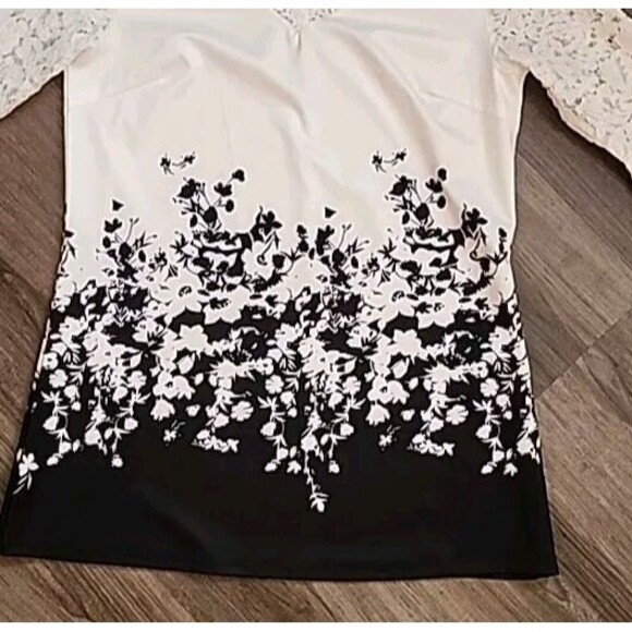 Black And White Women's Floral Lace 3/4.Sleeves Top Small Silky Tunic Blouse - Picture 4 of 7